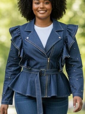 Blue Jean Ruffle-Belted Moto Jacket -Zippers / stud/ beads-Midnight Velvet- NEW
